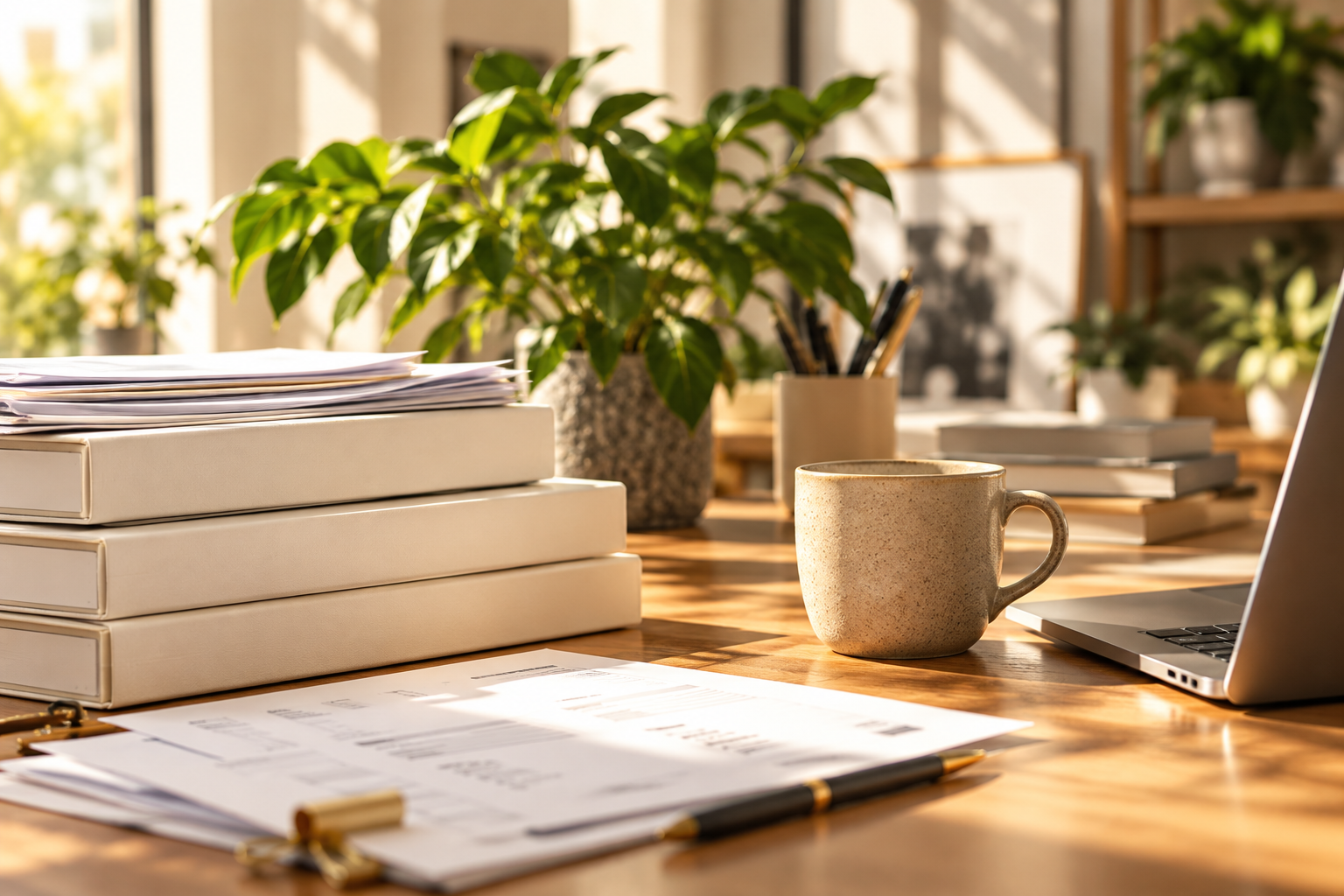 Documents and a coffee cup on a sunlit desk