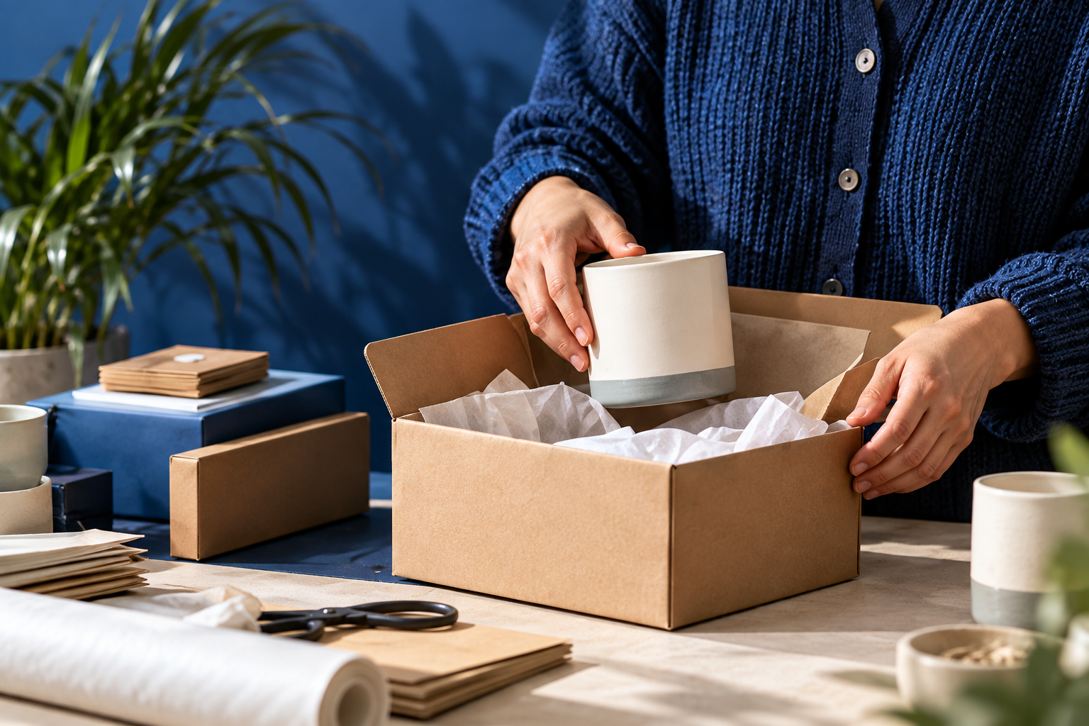 A ceramic mug being carefully packed for a customer