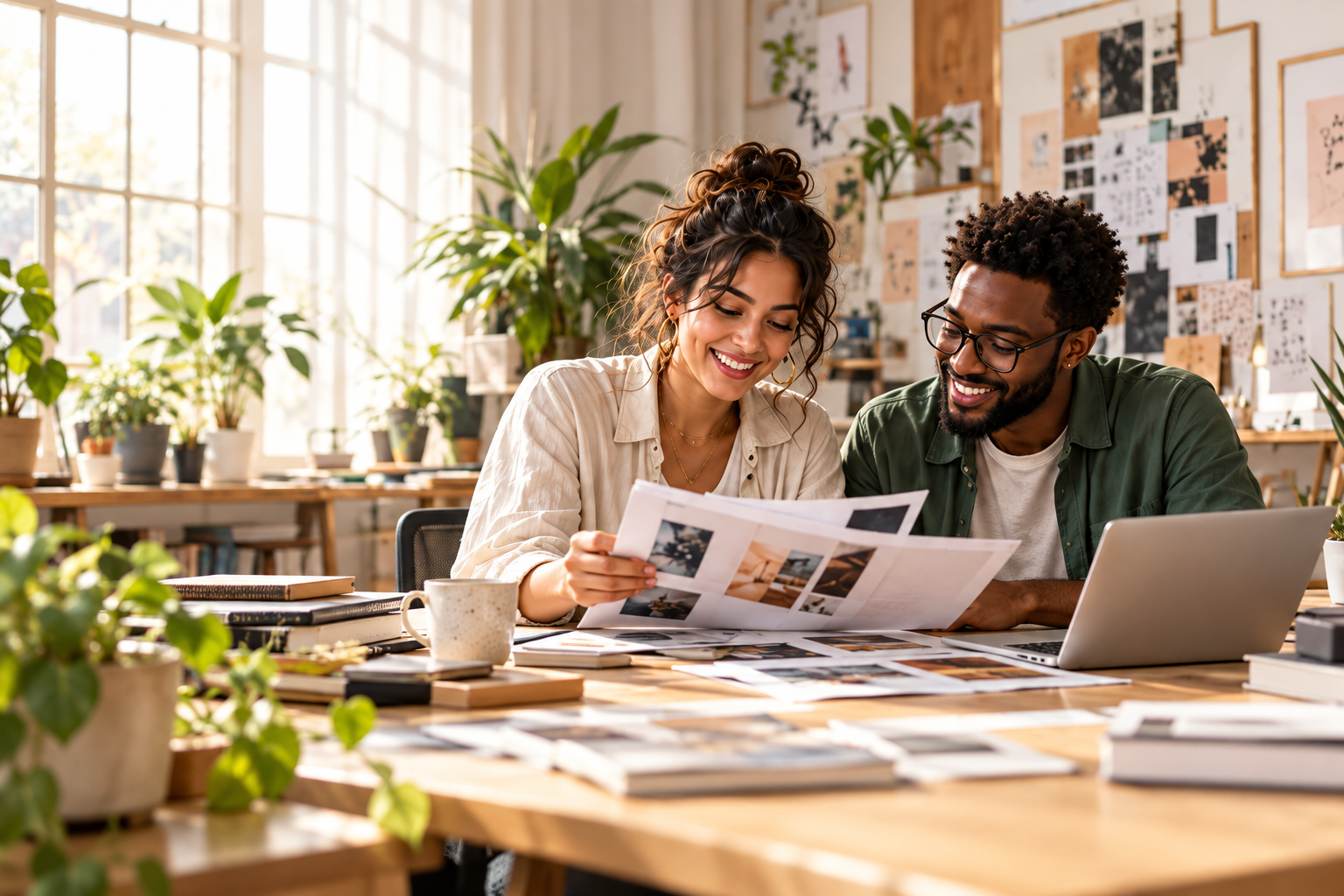 Two independent business owners reviewing creative work together
